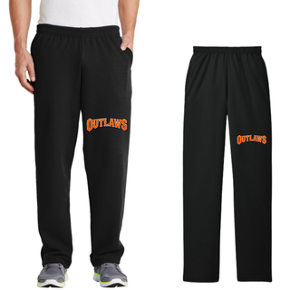 Black open-bottom fleece sweatpants on a model with distressed orange Outlaws block lettering on the leg, plus flat lay