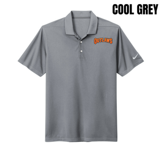 Cool Grey Dri-FIT micro pique polo with arched orange Outlaws lettering on the left chest