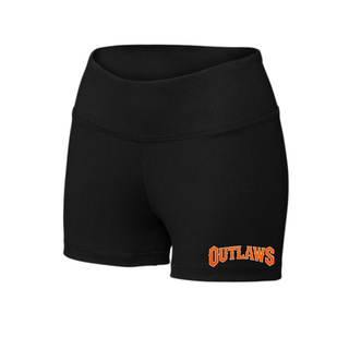 Black fitted women's interval performance shorts with distressed orange Outlaws block lettering on the lower leg, front view