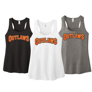 Women's racerback tanks in Black, White, and Grey Frost, each with arched orange Outlaws block lettering across the chest