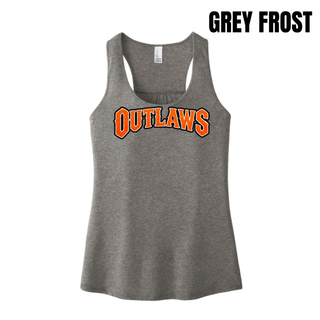 Grey Frost women's racerback tank with arched orange Outlaws block lettering across the chest