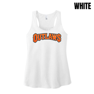 White women's racerback tank with arched orange Outlaws block lettering across the chest