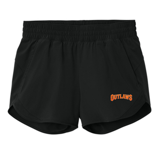 Black women's repeat swift short with scalloped hem and distressed orange Outlaws block lettering on the leg, flat lay