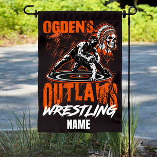 Personalized Ogden's Outlaws Boys Wrestling garden flag with custom name in black, orange, and white