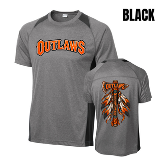 Grey heather colorblock contender tee with Black panels, arched orange Outlaws lettering on the front and the feathered axe design on the back