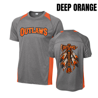 Grey heather colorblock contender tee with Deep Orange panels, arched orange Outlaws lettering on the front and the feathered axe design on the back