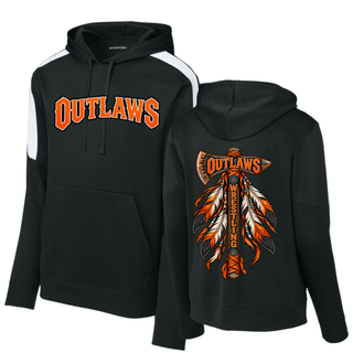 Black fan favorite hoodie with white shoulder panels, orange Outlaws lettering on the front and a feathered axe on the back
