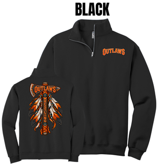 Black fleece quarter-zip with silver zipper, orange Outlaws lettering on the left chest and a feathered axe on the back