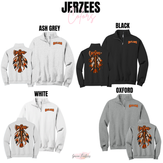 Jerzees fleece quarter-zip colors in Ash Grey, Black, White, and Oxford, each with Outlaws lettering on the chest and a feathered axe on the back