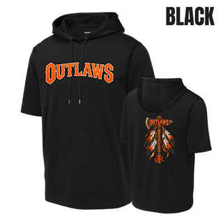 Black short sleeve hooded pullover with arched orange Outlaws lettering on the front and the feathered axe design on the back