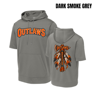 Dark Smoke Grey short sleeve hooded pullover with arched orange Outlaws lettering on the front and the feathered axe design on the back