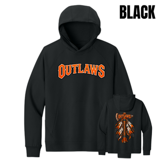 Black men's Dri-FIT primary hoodie with arched orange Outlaws lettering on the front and the feathered axe design on the back