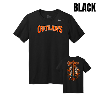 Black men's rLegend tee with arched orange Outlaws lettering and the feathered axe design