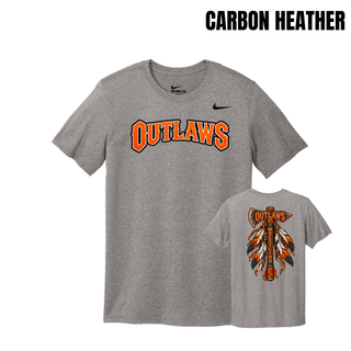 Carbon Heather men's rLegend tee with arched orange Outlaws lettering and the feathered axe design