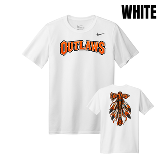 White men's rLegend tee with arched orange Outlaws lettering and the feathered axe design