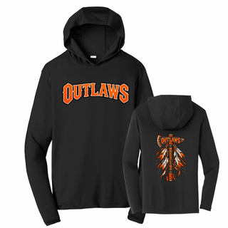 Black PosiCharge competitor hoodie, front with arched orange Outlaws lettering and back with a feathered axe Outlaws Wrestling design