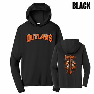 Black PosiCharge competitor hoodie with Outlaws lettering on the front and a feathered axe with turquoise beaded feathers on the back