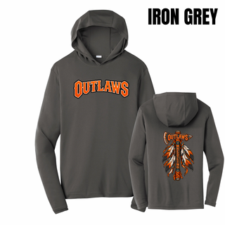 Iron grey PosiCharge competitor hoodie with Outlaws lettering on the front and a feathered axe on the back