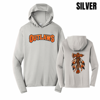 Silver PosiCharge competitor hoodie with Outlaws lettering on the front and a feathered axe on the back