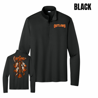 Black PosiCharge competitor quarter-zip with orange Outlaws lettering on the left chest and a feathered axe on the back
