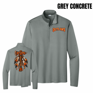 Grey concrete PosiCharge competitor quarter-zip with orange Outlaws lettering on the left chest and a feathered axe on the back