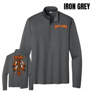 Iron grey PosiCharge competitor quarter-zip with orange Outlaws lettering on the left chest and a feathered axe on the back