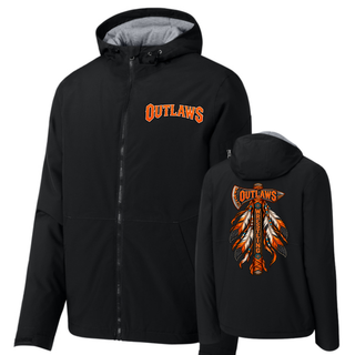 Black waterproof insulated jacket with arched orange Outlaws lettering on the left chest and the feathered axe design on the back