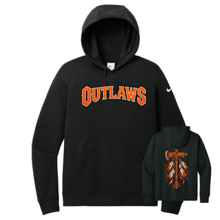 Black women's club fleece pullover hoodie with arched orange Outlaws lettering on the front and the feathered axe design on the back