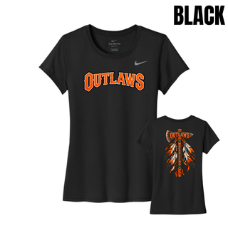 Black women's rLegend tee with arched orange Outlaws lettering and the feathered axe design
