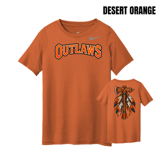 Desert Orange youth rLegend tee with arched orange Outlaws lettering and the feathered axe design