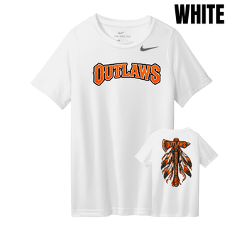 White youth rLegend tee with arched orange Outlaws lettering and the feathered axe design