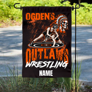 Personalized Ogden's Outlaws Girls Wrestling garden flag with custom name in black, orange, and white
