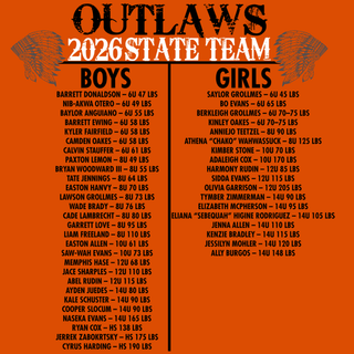 Back detail of the orange Gildan long sleeve showing the 2026 Ogden's Outlaws boys' and girls' State Team rosters, age groups, and weight classes