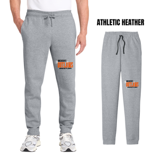 Athletic heather Ogden's Outlaws Wrestling Arrow Core Fleece Joggers shown on a men's model