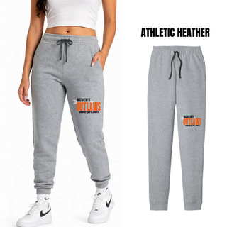 Athletic heather Ogden's Outlaws Wrestling Arrow Core Fleece Joggers shown on a women's model