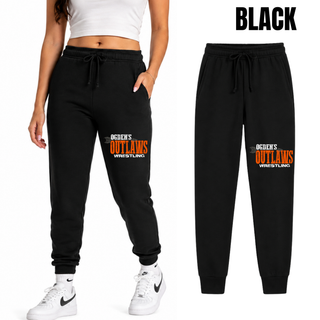 Black Ogden's Outlaws Wrestling Arrow Core Fleece Joggers shown on a women's model