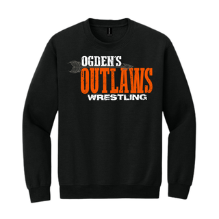 Ogden's Outlaws Wrestling distressed arrow graphic on a black crewneck sweatshirt