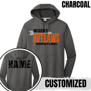 Charcoal Ogden's Outlaws Wrestling arrow performance hoodie with custom name across the upper back
