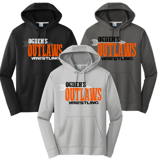 Ogden's Outlaws Wrestling arrow performance hoodies shown in Black, Silver, and Charcoal