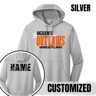 Silver Ogden's Outlaws Wrestling arrow performance hoodie with custom name across the upper back