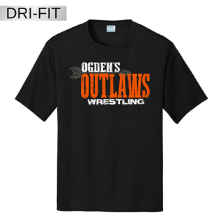 Ogden's Outlaws Wrestling distressed arrow graphic on a black performance tee