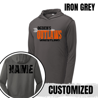 Iron grey Ogden's Outlaws Wrestling Arrow PosiCharge Competitor Hoodie with a custom name across the upper back