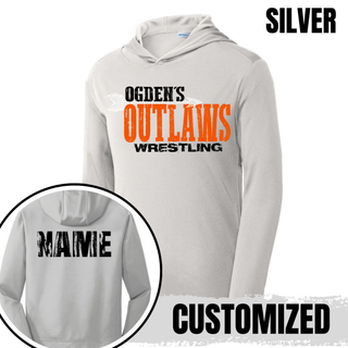 Silver Ogden's Outlaws Wrestling Arrow PosiCharge Competitor Hoodie with a custom name across the upper back