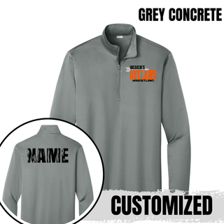 Grey concrete Ogden's Outlaws Wrestling Arrow PosiCharge Competitor Quarter-Zip Pullover with a custom name across the upper back