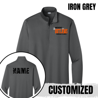 Iron grey Ogden's Outlaws Wrestling Arrow PosiCharge Competitor Quarter-Zip Pullover with a custom name across the upper back