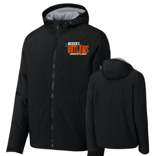 Ogden's Outlaws Wrestling Arrow Waterproof Insulated Jacket in Black shown from the front and back
