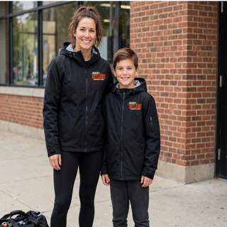 Adult and youth models wearing the Ogden's Outlaws Wrestling Arrow Waterproof Insulated Jacket in Black