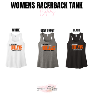 Ogden's Outlaws Wrestling Arrow Women's Racerback Tank color options in White, Grey Frost, and Black