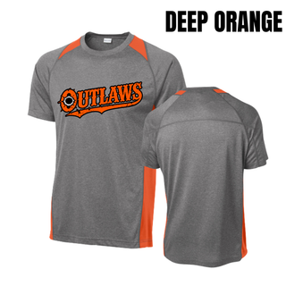 Grey heather Ogden's Outlaws Wrestling bullet hole colorblock contender tee with deep orange panels, orange Outlaws logo, and plain back