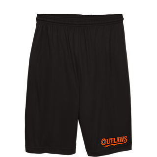 Black cooling performance shorts with orange Ogden's Outlaws Wrestling bullet hole lettering on the lower left leg